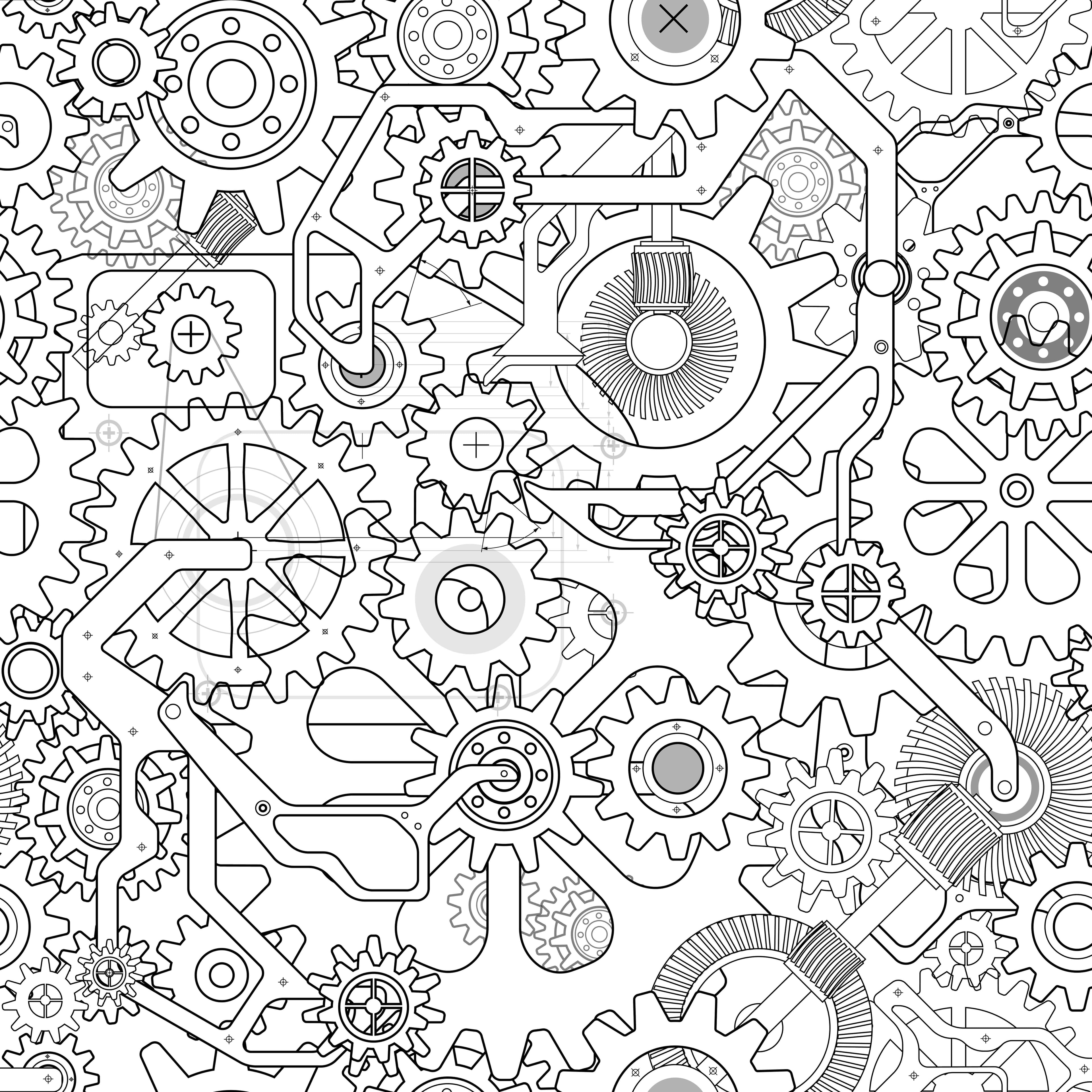 several gears and mechanical parts forming a complex machine within a flamingo silhouette